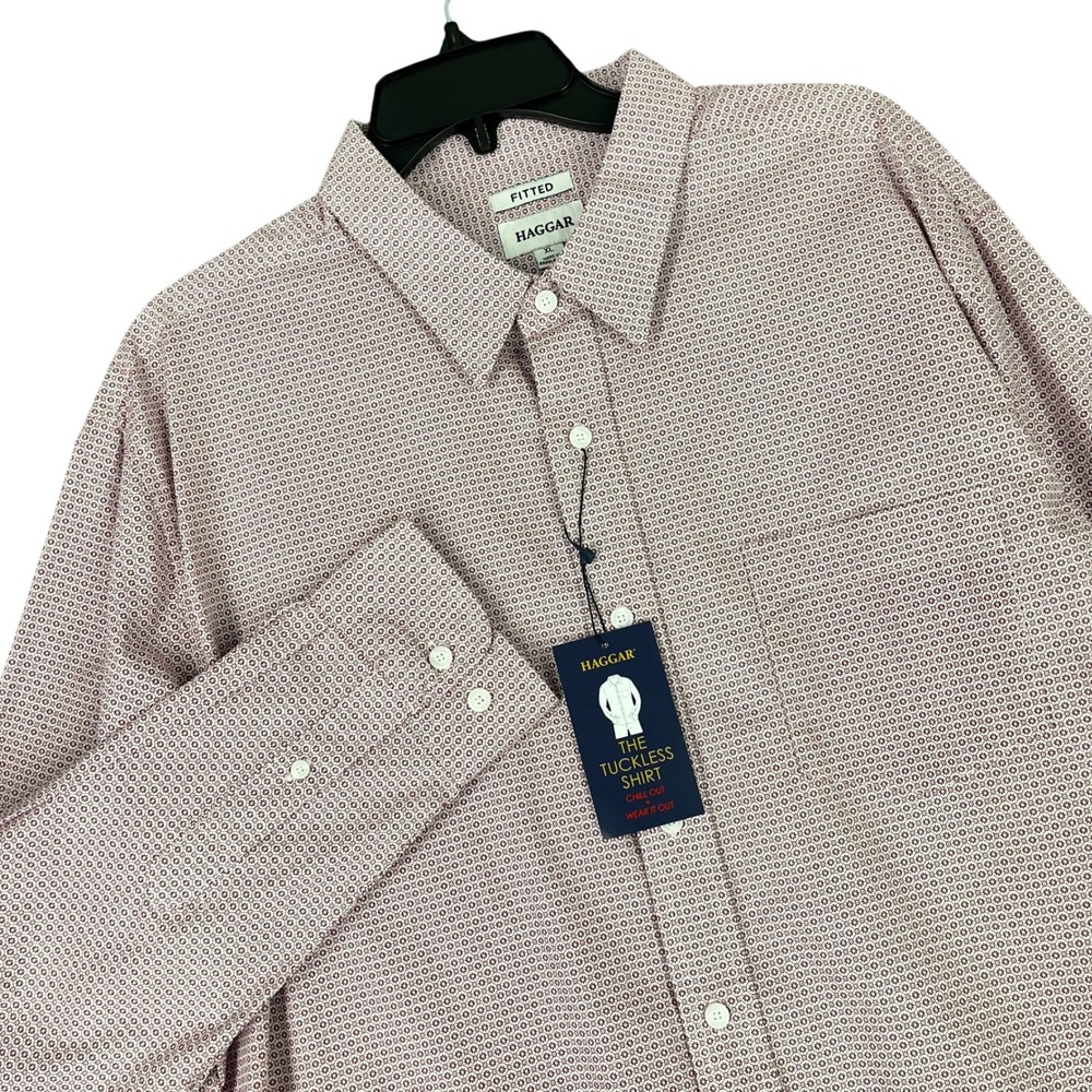 Haggar Fitted Tuckless Shirt Mens XL Performance Micro Print Business Casual‎